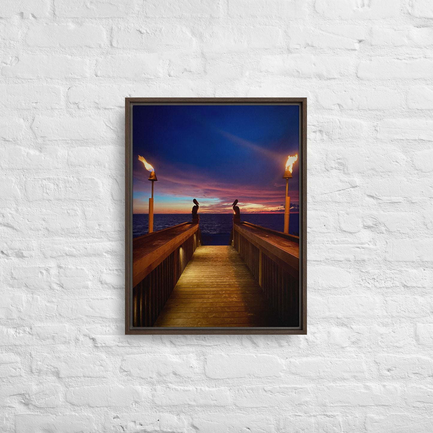 Pelicans At Gumbo (Vertical Framed Canvas)